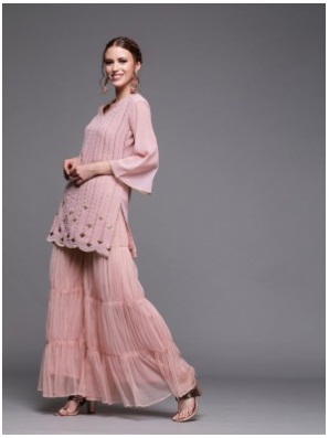 Women Pink Georgette Embroidered Kurti with Sharara & Dupatta